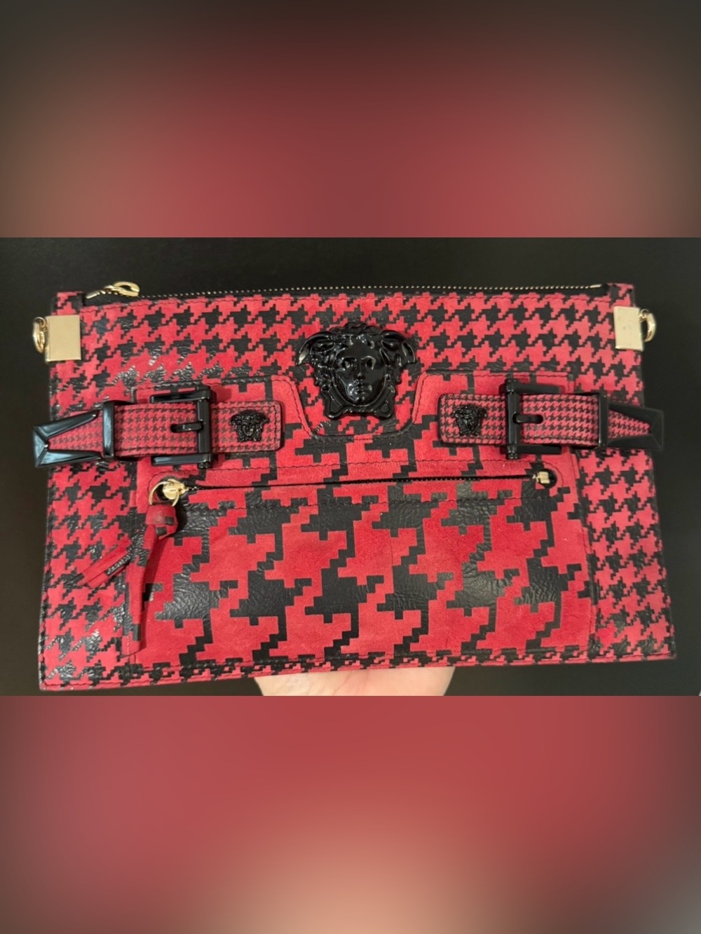 Versace Red and Black Houndstooth Medusa Clutch